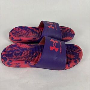 Under Armour size Y4 UA Graphic Logo Purple/Pink Slides/Sandals